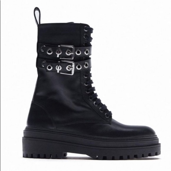 ZARA LOW HEEL LACED LEATHER ANKLE BOOTS NWT - Picture 2 of 9